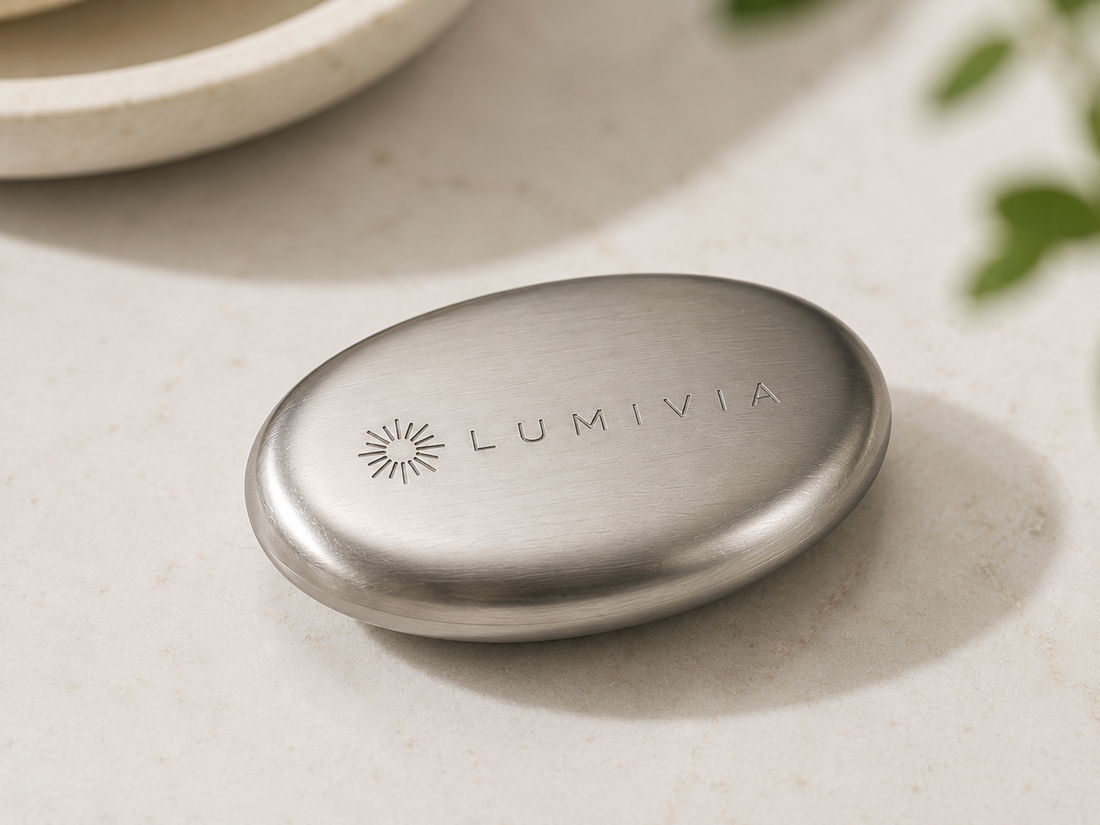 Galet savon d’inox Lumivia posé dans un espace de cuisine épuré